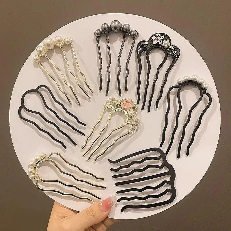 Metal U-Shaped Hair Fork Comb with Pearl Tassel Hair Stick Hair Fork Comb Axl