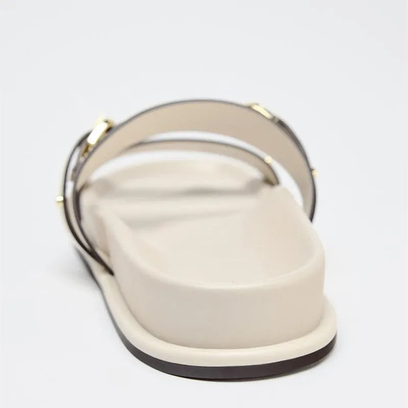 Women's Metal Buckle Flat Slide Sandals | Non-Slip Beach Slippers Flat Slide Sandals Axl