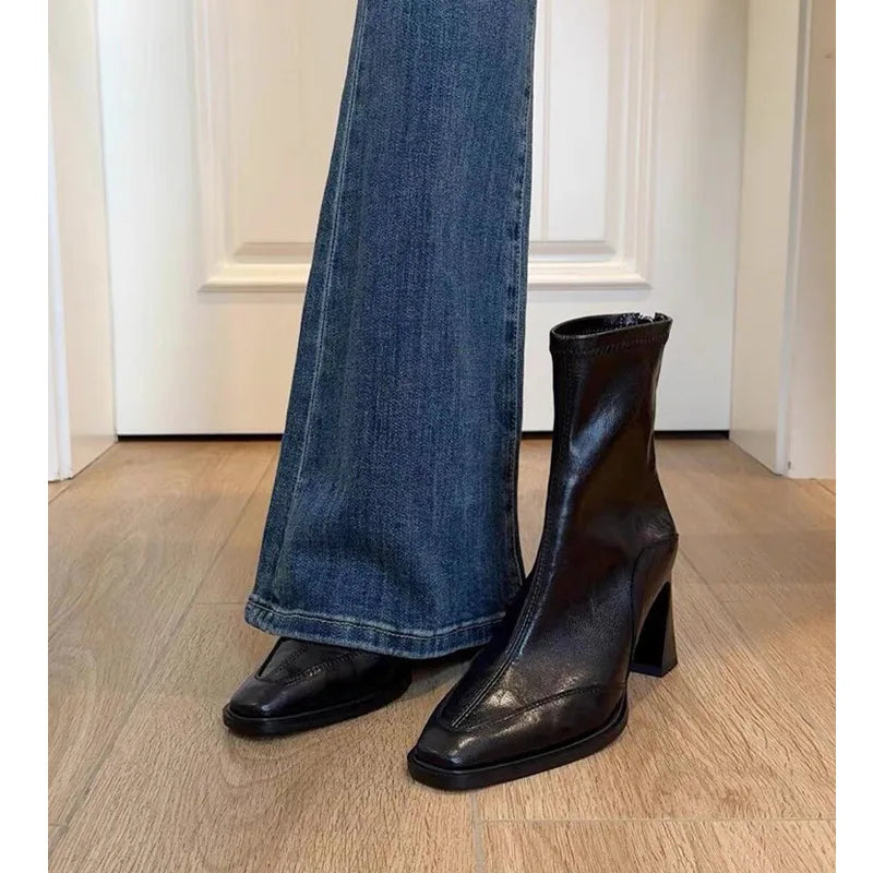 Women's Thick Heel Ankle Boots – Retro Square Toe High Heels Ankle Boots Axl black 7cm velvet 36