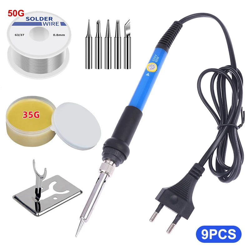 60W Adjustable Electric Soldering Iron Kit 220V | Rework Tool Soldering Iron Kit Axl 220V-240V EU Plug 9Pcs