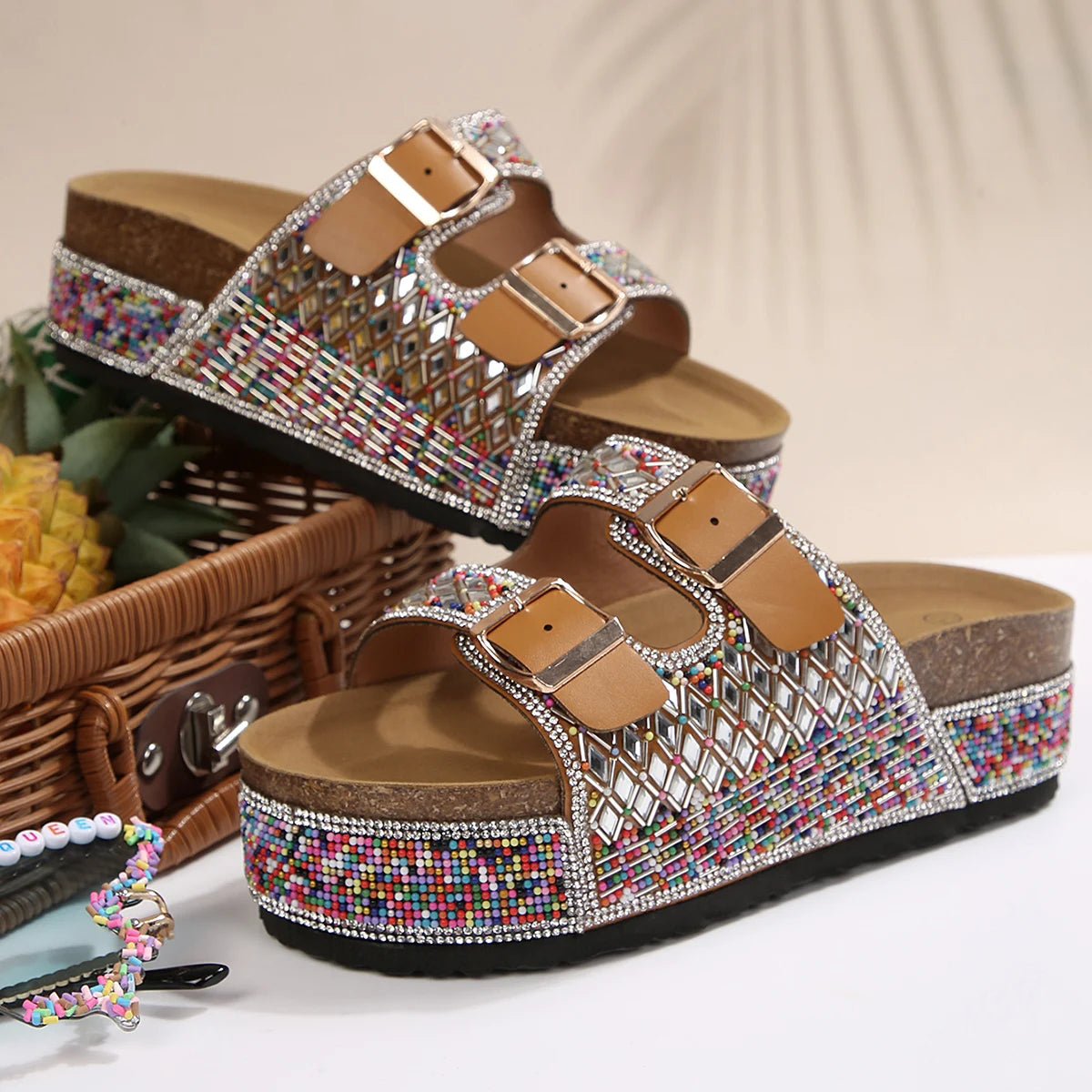 Women's Wide-Fit Platform Sandals | Double Buckle Diamond Slides Platform Sandals Axl 41 Brown