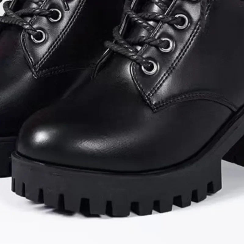 Women's Lace-Up Ankle Boots – Square Block Heel & Buckle Strap Ankle Boots Axl