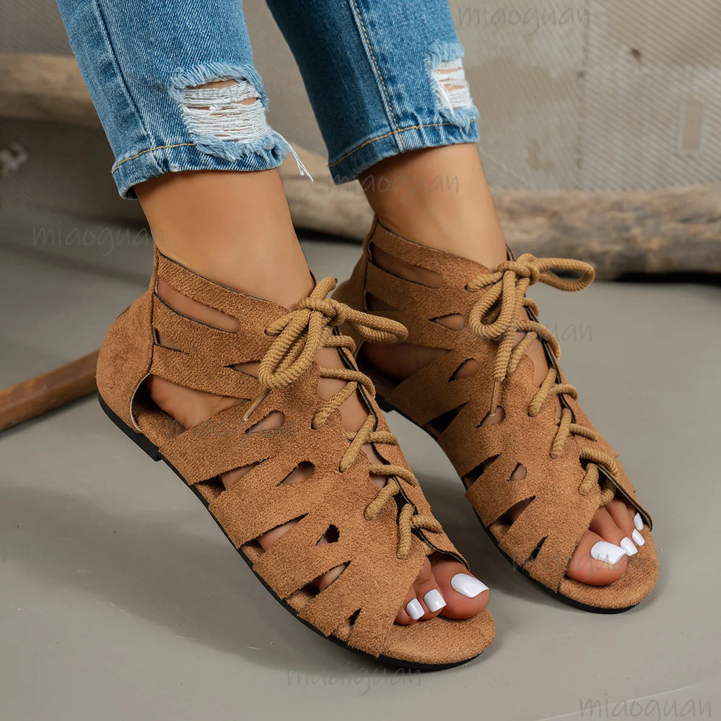 Women's Retro Lace-Up Flat Sandals – Hollow Roman Beach Shoes Flat Sandals Axl