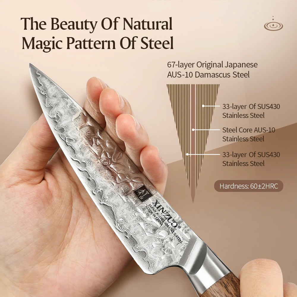XINZUO 5" AUS10 Damascus Utility Knife – Walnut Handle Damascus Utility Knife Axl