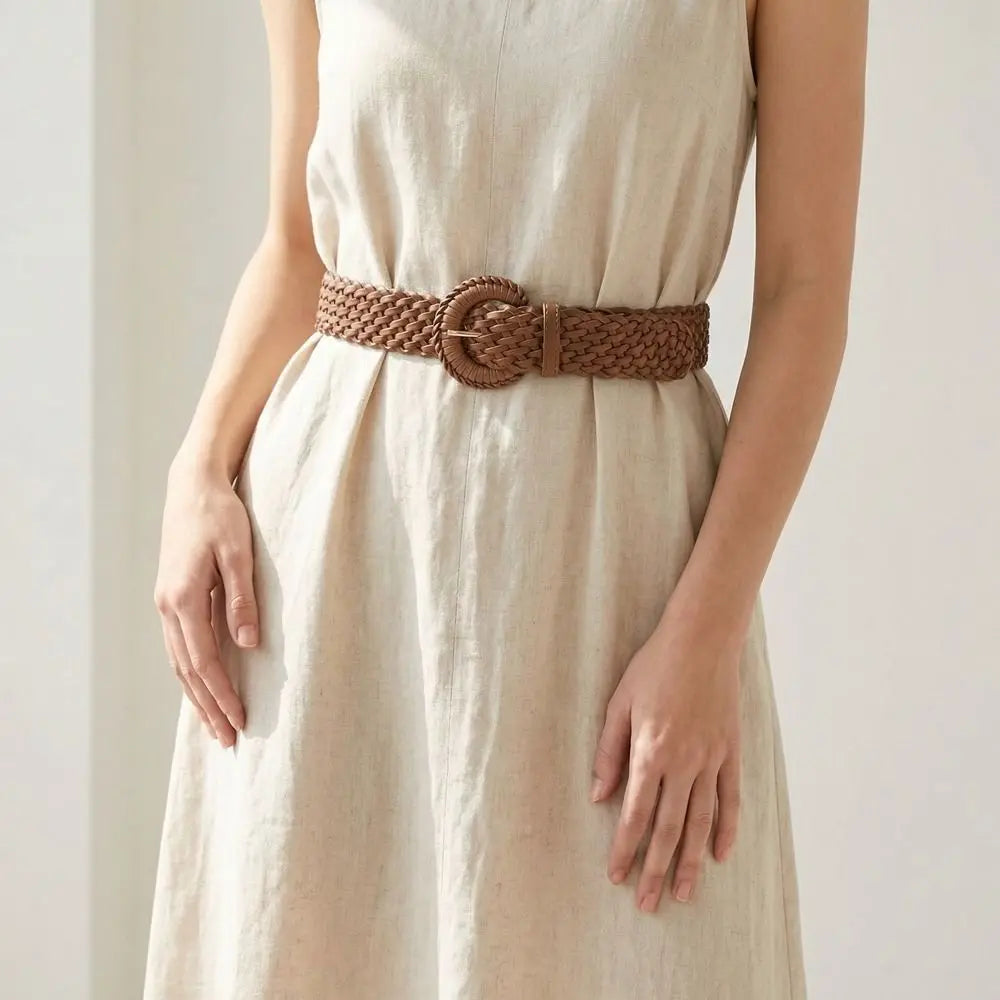 Bohemian Woven Wide Belt – Retro PU Leather Waistband for Women Woven Fashion Belt Axl