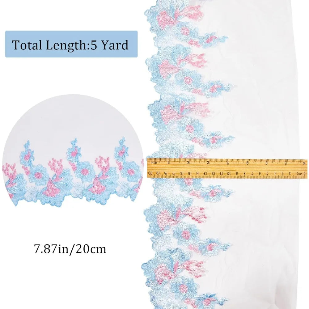 Floral Embroidered Lace Organza Trim – 5 Yards Sky Blue Lace Fabric Trim Axl