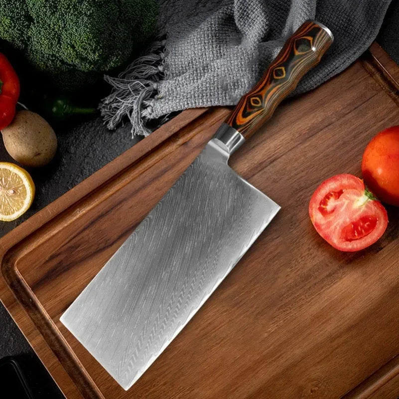 InLeung Damascus Steel Cleaver Knife – Wood Handle | 18cm Damascus Cleaver Knife Axl