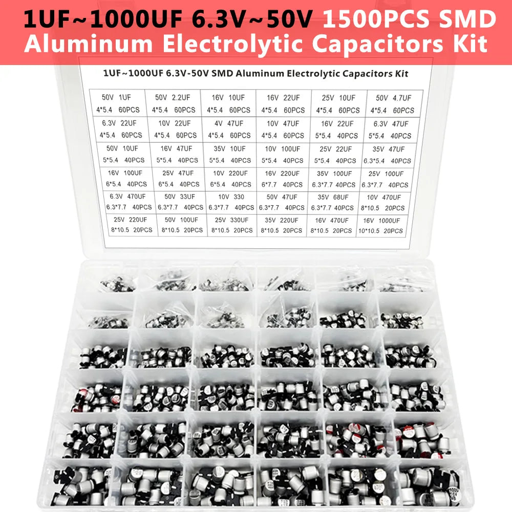 1500PCS SMD Electrolytic Capacitor Kit – 36 Values 1µF–1000µF Capacitor Assortment Kit Axl Default Title