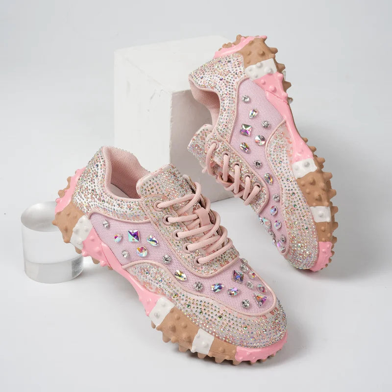 Women's Rhinestone Platform Sneakers – Shiny Lace-Up Shoes Platform Sneakers Axl Pink 39