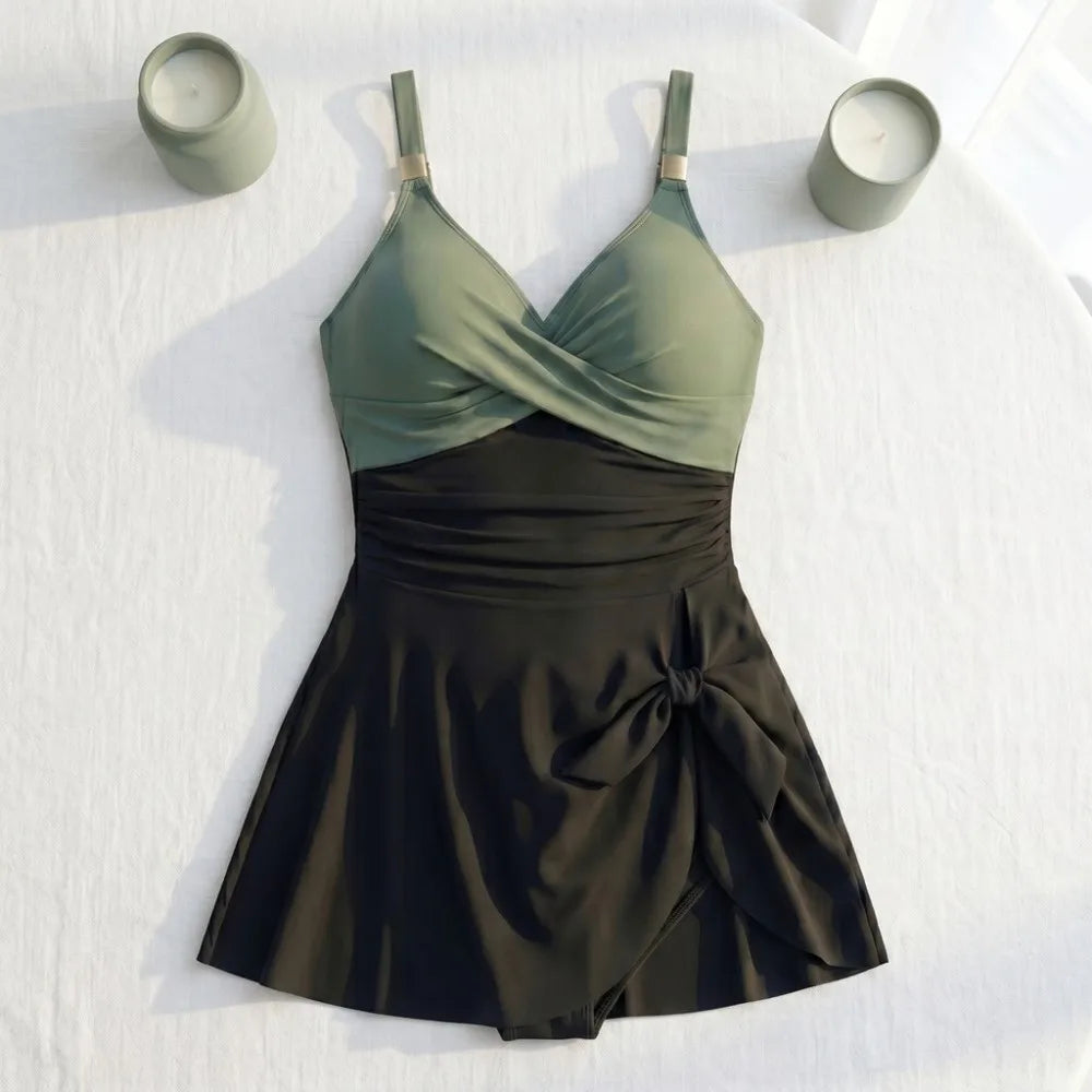 Women's V-Neck Pleated Skirt Swimsuit – Slim Fit Beachwear Women's Swimsuit Axl