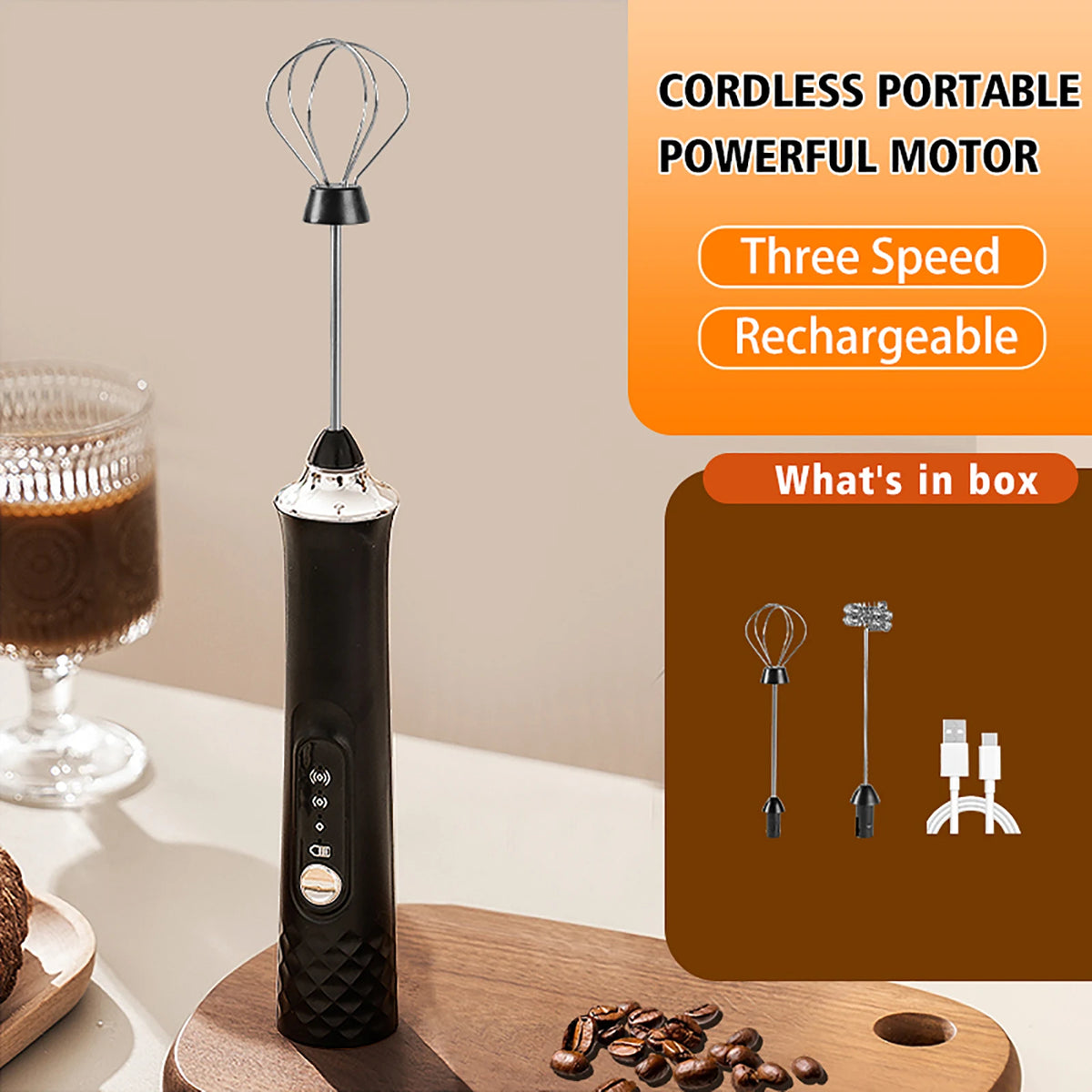 Rechargeable Handheld Electric Milk Frother – 12000 RPM Electric Milk Frother Axl Black 2 Whisk