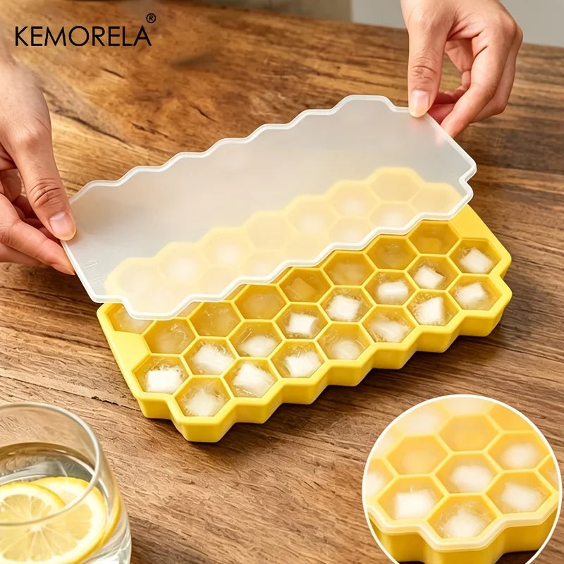 KEMORELA 37-Cell Silicone Honeycomb Ice Tray – Stackable Mold Silicone Ice Tray Axl Yellow With lid