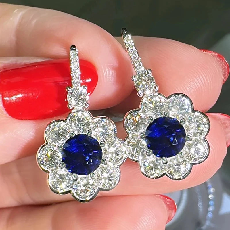 Huitan Flower Drop Earrings – Blue & White Cubic Zirconia Drop Earrings Axl E3977