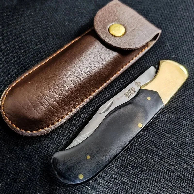 Folding Pocket Knife – Ebony & Brass Handle + Leather Sheath EDC Folding Pocket Knife Axl