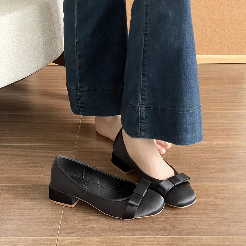 Women's Satin Mary Jane Pumps – Butterfly Bow Low Heel Slip-On Mary Jane Pumps Axl 39 Black