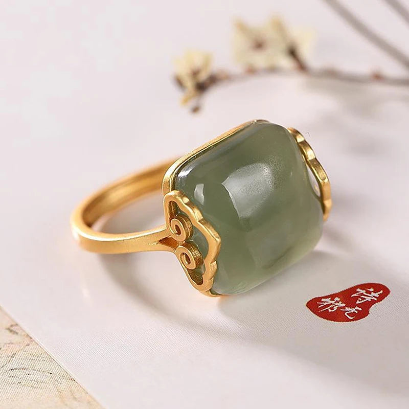 Vintage Auspicious Clouds Imitation Jade Adjustable Ring Women Adjustable Fashion Ring Axl