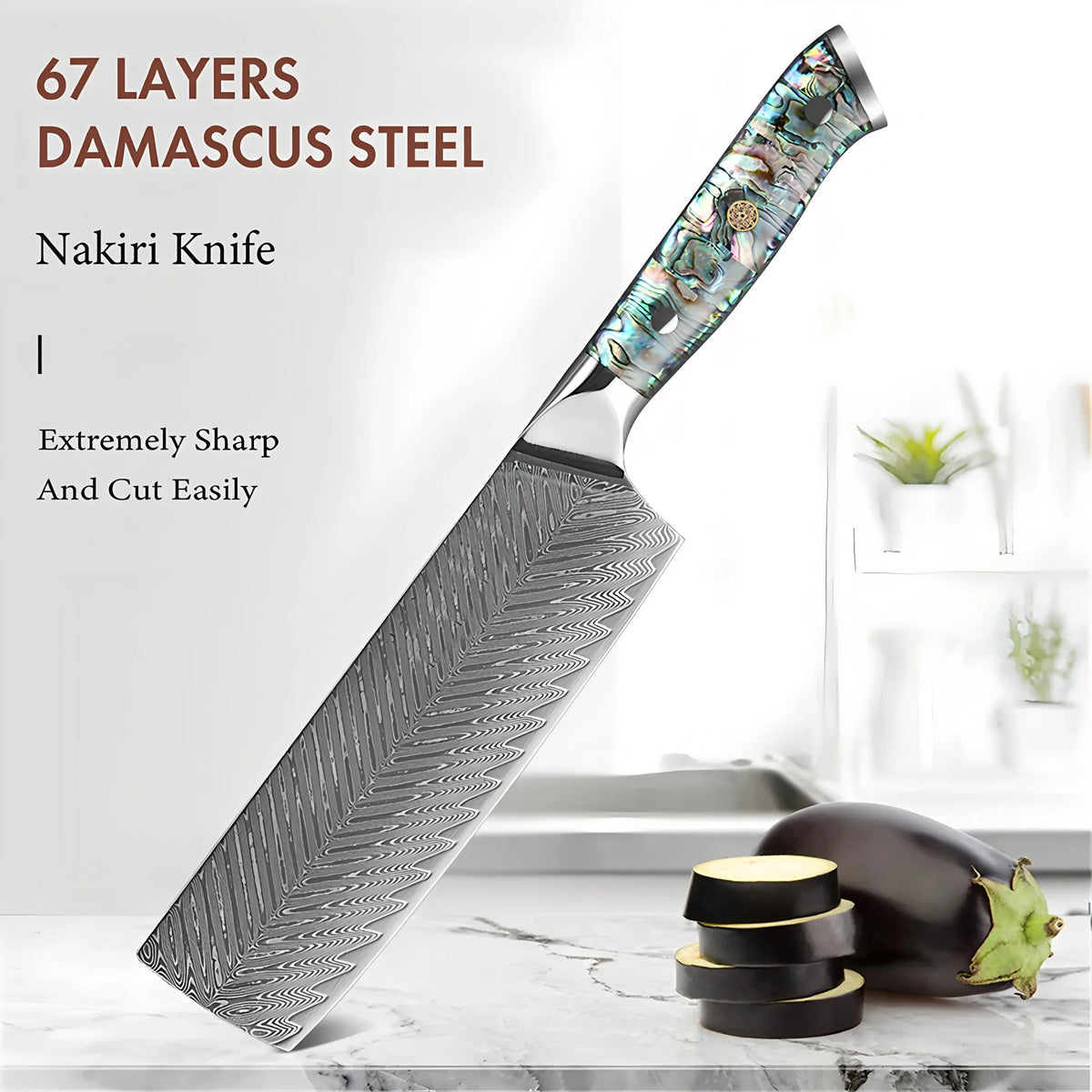 Nakiri Knife 67-Layer Damascus Steel & Abalone Shell Handle Damascus Nakiri Knife Axl