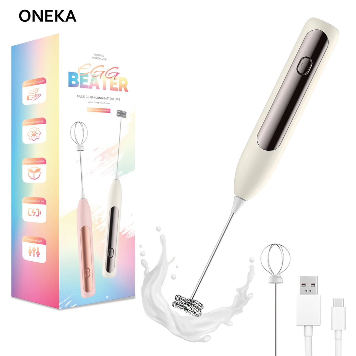 Rechargeable Handheld Milk Frother Wand & Egg Whisk Foam Maker Milk Frother Wand Axl Beige