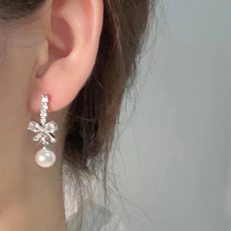 Bow Pearl Dangle Stud Earrings – Sweet Fashion Jewelry Women Pearl Stud Earrings Axl