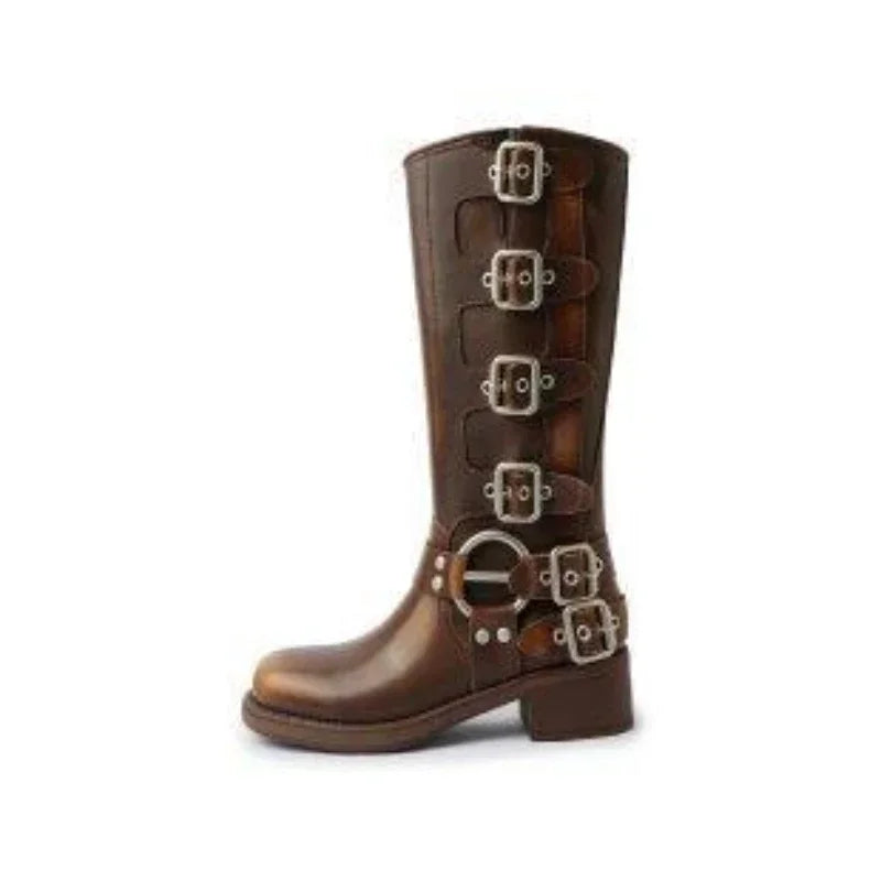 Women's Punk Mid-Calf Boots – Metal Buckle Chunky Wedge Heel Mid-Calf Boots Axl brown 36
