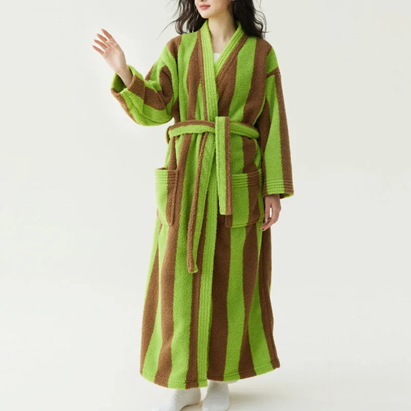 Women's Striped Velvet Bathrobe – Thick Flannel Lace-Up Robe Women's Bathrobe Axl
