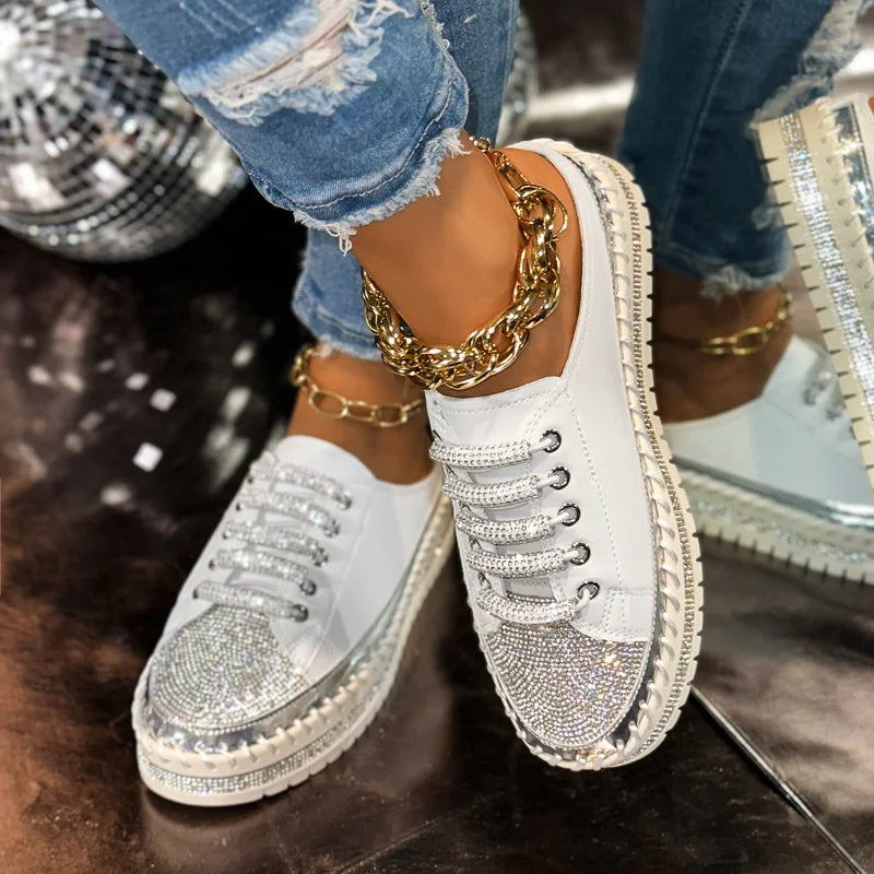 UXST Women's Crystal Platform Sneakers – Lace-Up Flat Shoes Platform Sneakers Axl