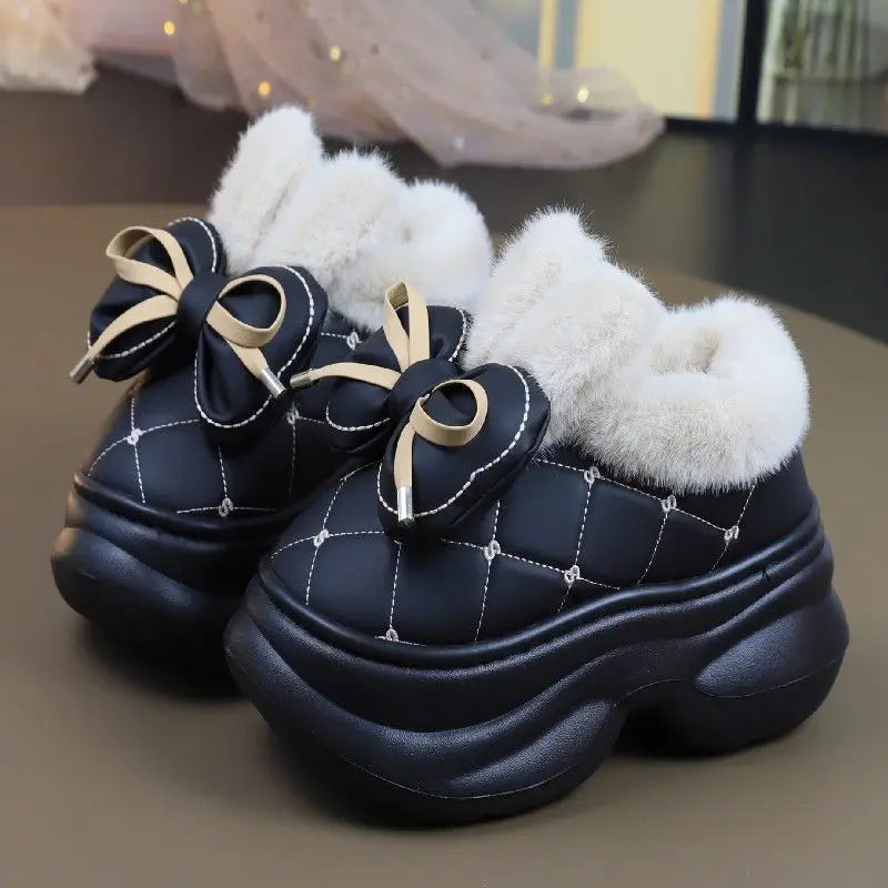 Lorilury Women's Fluffy High Heel Slippers – Bow-Tie Plush Indoor Plush Indoor Slippers Axl Black loafer 40-41