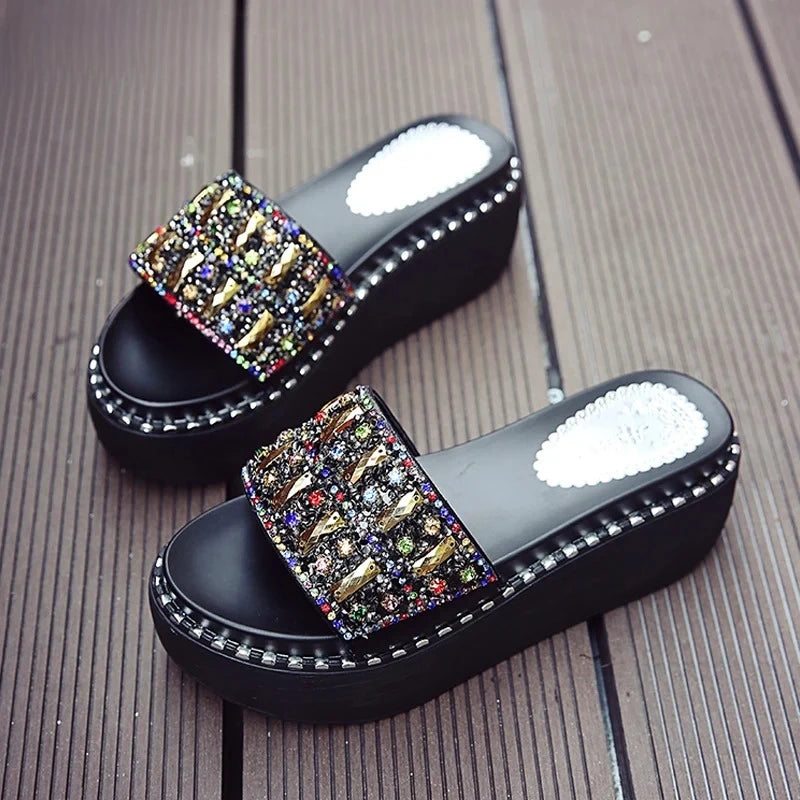 Women's Crystal Rhinestone Wedge Slides – Platform Beach Sandals Wedge Slide Sandals Axl