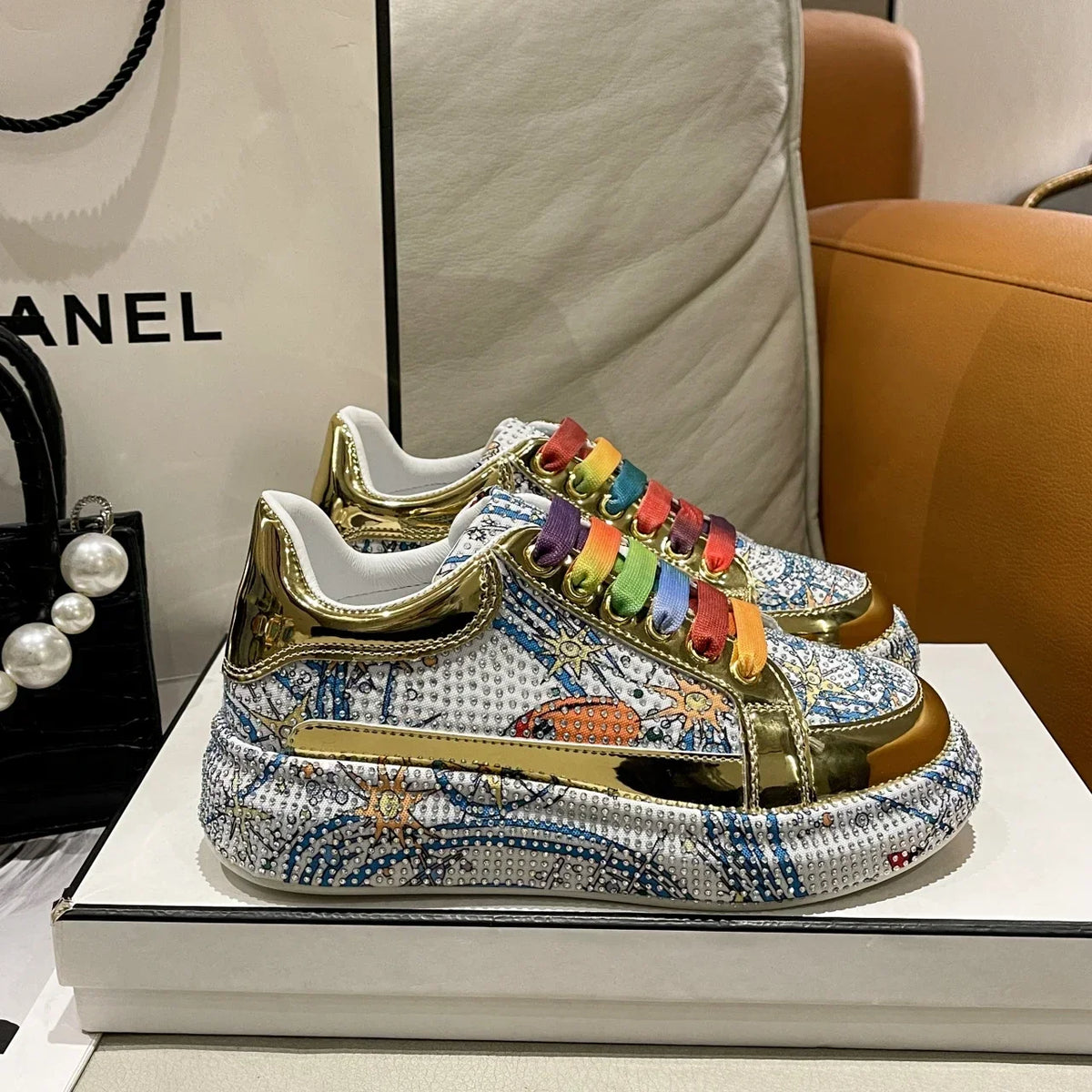 YEAE Rhinestone Platform Loafers – Women's Shiny Sneakers Platform Loafer Sneakers Axl WHITE 35