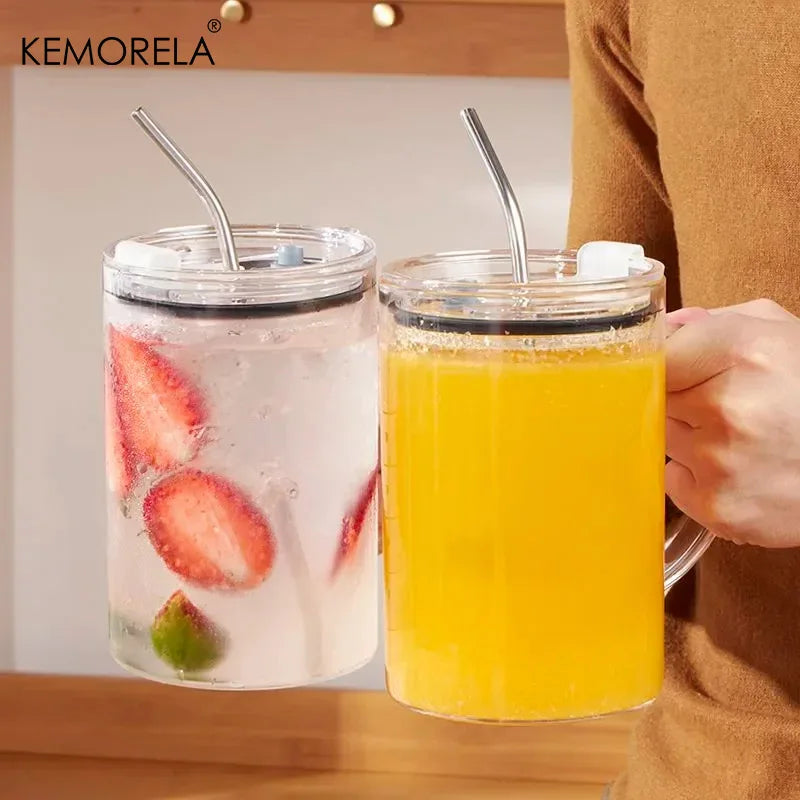 KEMORELA Large Glass Cup with Lid & Straw – Heat-Resistant Glass Drinkware Set Axl