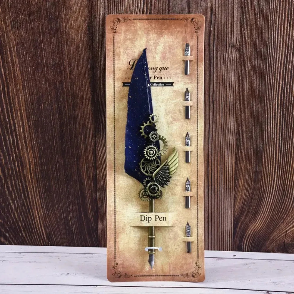 Retro Feather Dip Pen – Vintage Metal Calligraphy Set, 5 Nibs Calligraphy Dip Pen Axl Dark Blue