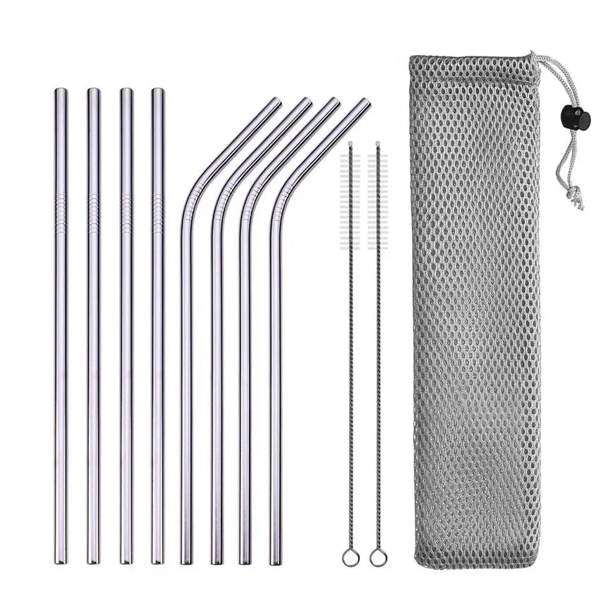 304 Stainless Steel Reusable Straws – Straight, Bent & Brush Set Reusable Metal Straws Axl E Silver with bag