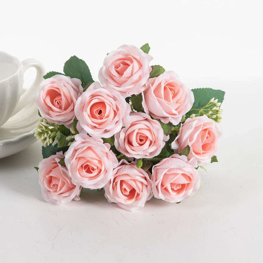 10-Head Silk White Rose Bundle – Wedding & Home Decor Artificial Flower Bundle Axl Light Pink 1pc