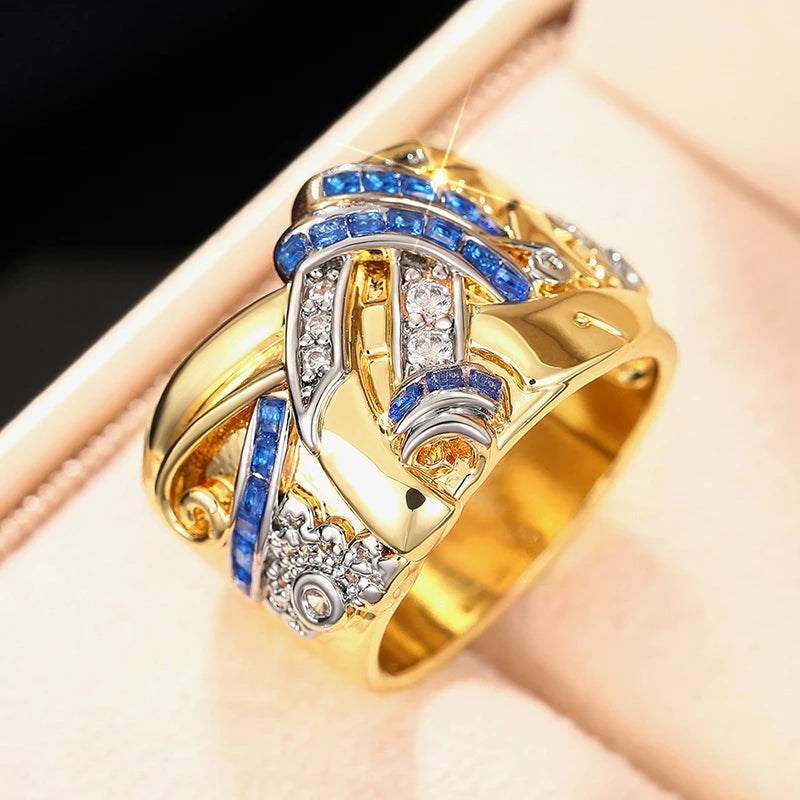 Huitan Two-Tone Flower Ring for Women – Blue & White CZ Fashion Ring Axl