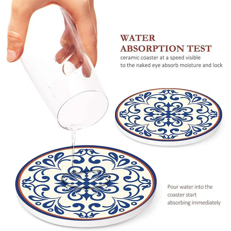 Ceramic Stone Coaster Set of 6 | Spanish Floral with Holder Ceramic Coaster Set Axl