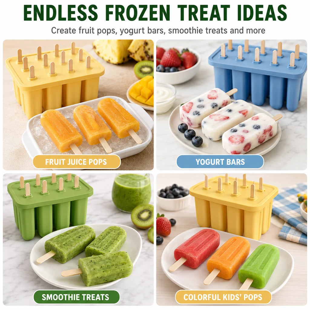 10-Cavity BPA Free Silicone Popsicle Mold with 50 Wooden Sticks Ice Pop Mold Axl