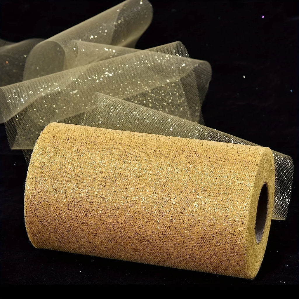 Gold Glitter Tulle Roll – 6" x 25 Yds Shimmer Mesh Ribbon Craft Fabric Ribbon Axl