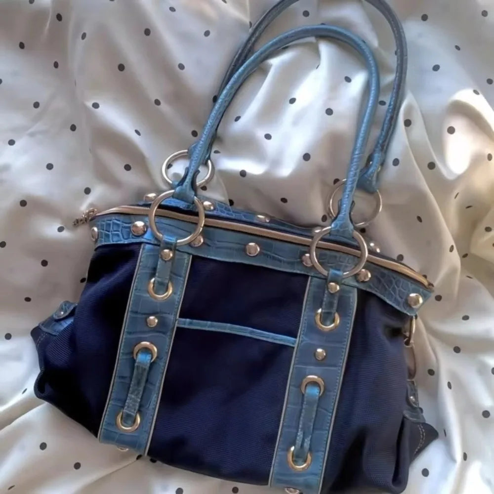 Y2K Patchwork Shoulder Bag – Large Canvas Tote for Women Shoulder Tote Bag Axl Blue