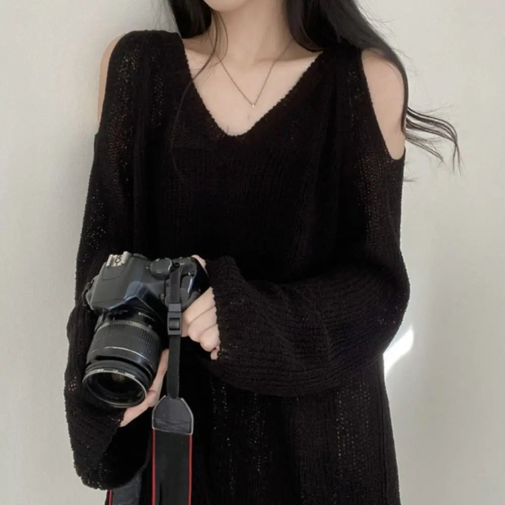 Women's Hollow Knit Crochet Pullover – Loose V-Neck Long Top Knit Pullover Top Axl