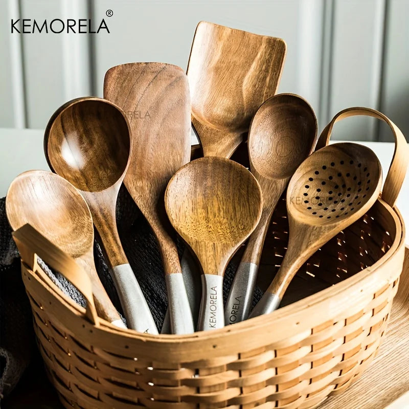 KEMORELA 9-Piece Acacia Wood Cooking Utensils Set with Holder Wooden Utensil Set Axl