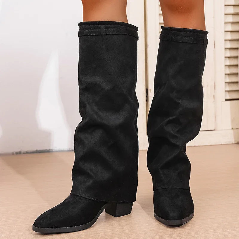 Women's Slip-On Knee High Boots – Pointed Toe Block Heel Knee High Boots Axl