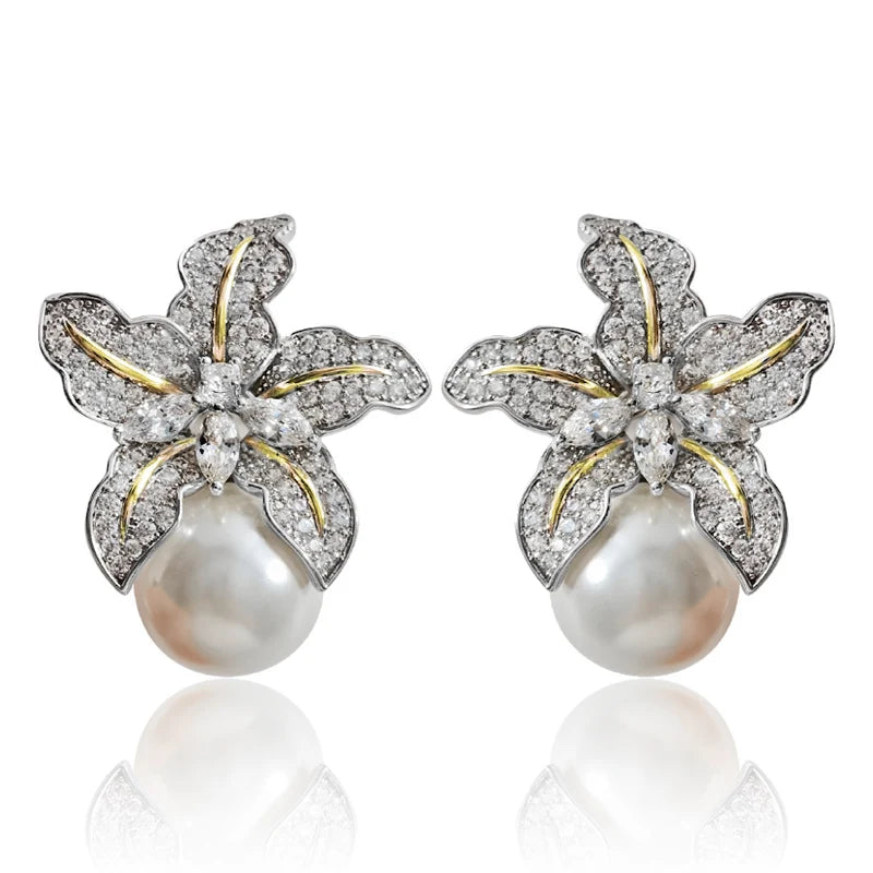 Huitan Two-Tone Flower Pearl Stud Earrings | Wedding Jewelry Pearl Stud Earrings Axl