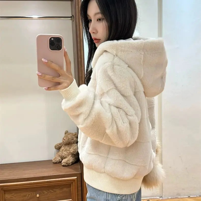 Women's Faux Mink Hoodie Jacket – Korean Style Winter Coat Women's Hoodie Jacket Axl Milky White S China Mainland