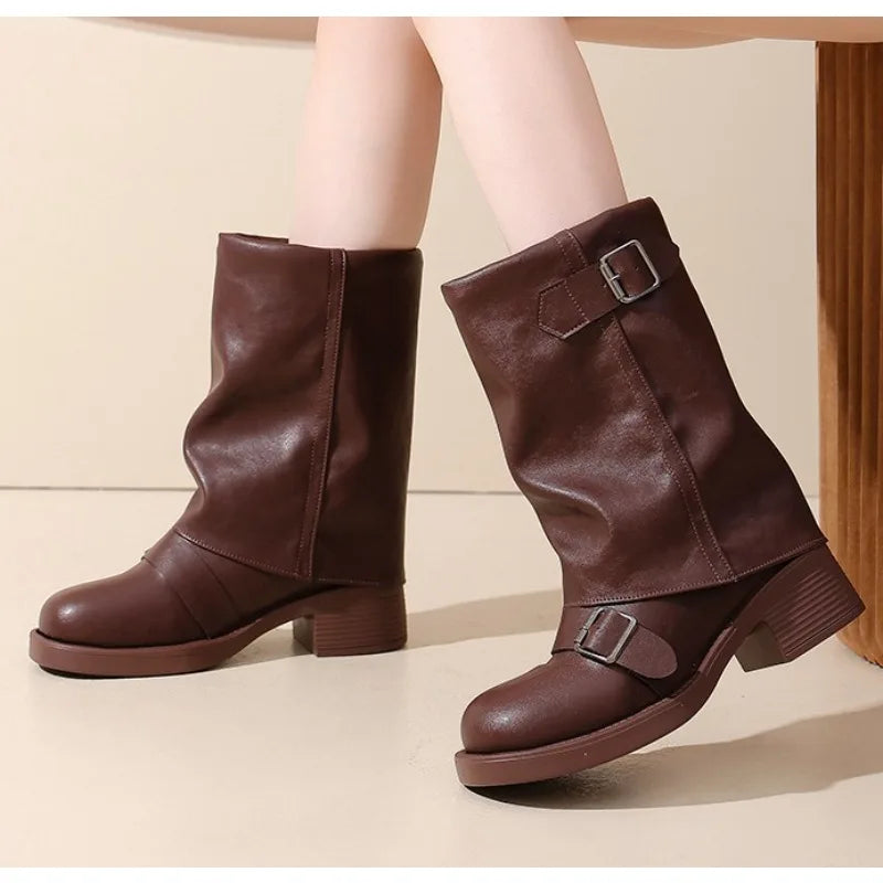 Women's Slip-On Mid-Calf Boots – Retro Block Heel PU Leather Mid-Calf Boots Axl
