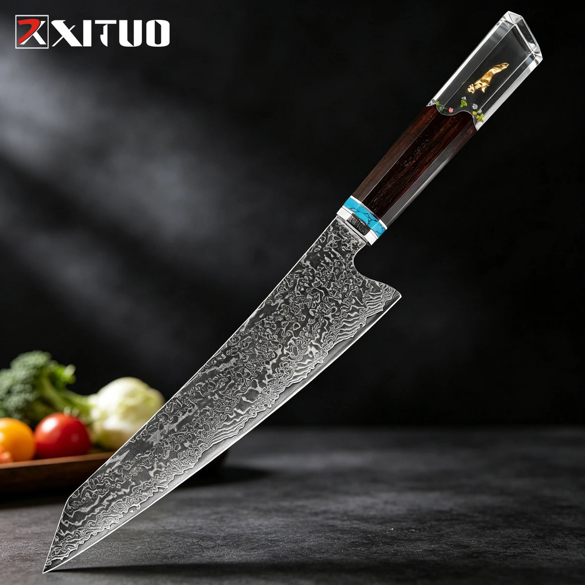 XITUO 8-Pc Damascus Steel Chef Knife Set | Resin Handle Chef Knife Set Axl Kiritssuke Knife