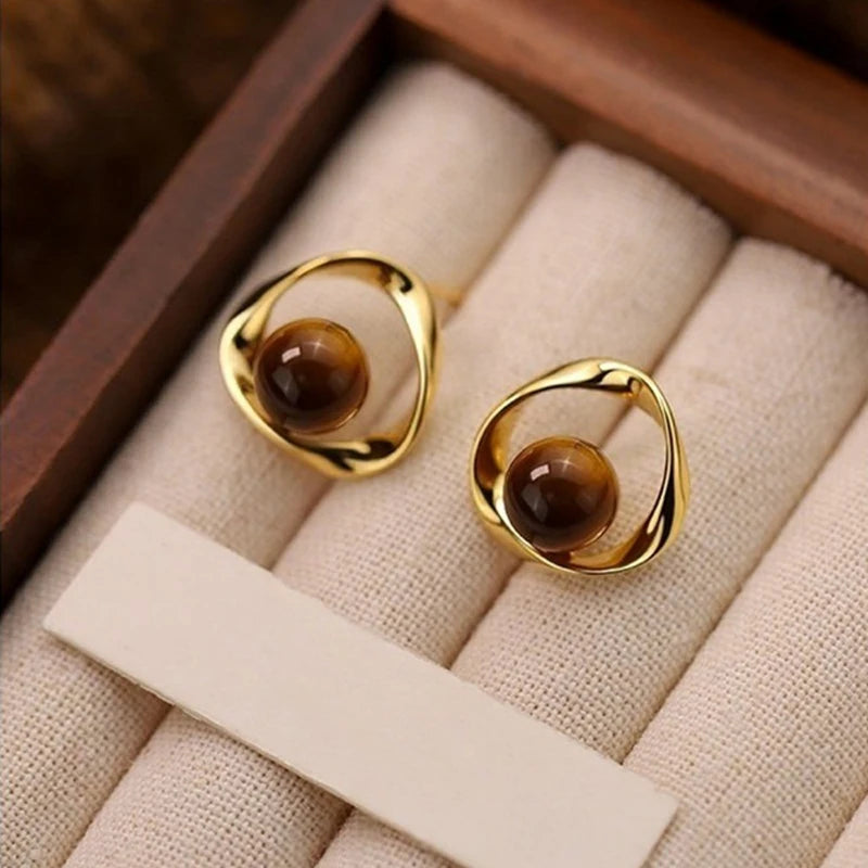 Huitan Tiger Eye Stud Earrings – Geometric Women's Jewelry Stud Earrings Axl