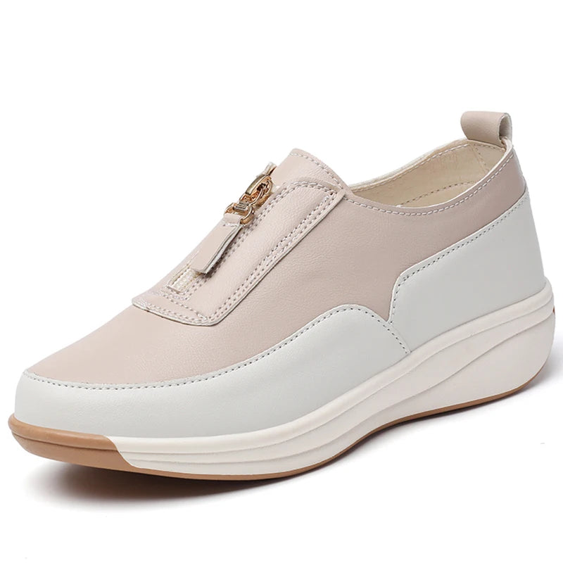 HAJINK Women's Flat Casual Sneakers – Leather Zip Loafers Women's Flat Loafers Axl Apricot 41