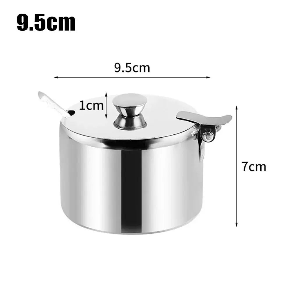 Stainless Steel Sugar Pot with Lid & Spoon | Salt Jam Jar Condiment Storage Jar Axl 9.5cm