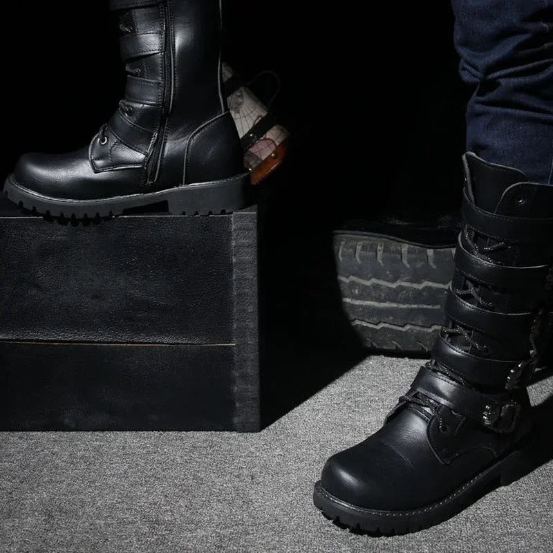 Men's Gothic Combat Boots – PU Leather Mid-Calf Zip Boots Men's Combat Boots Axl