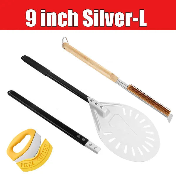 3-Pc Pizza Peel Set – Long Handle, Oven Brush & Wheel Cutter Pizza Peel Set Axl 9 inch Silver Set-L
